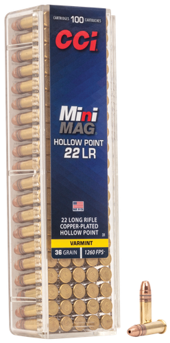 CCI Mini-Mag HP Varmint Rimfire Ammunition 0031, 22 Long Rifle, Hollow Point (HP), 36 GR, 1260 fps, 100 Rd/bx
