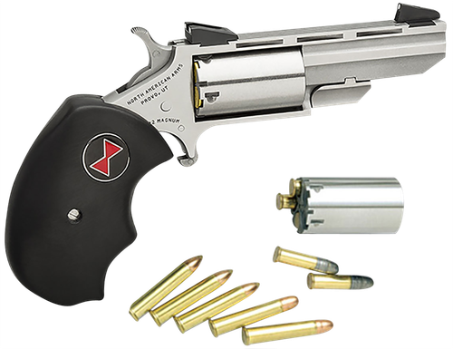 North American Black Widow Revolver BWC, 22 LR / 22 WMR, 2", Black Rubber Grip, Stainless Finish, 5 Rd, Fixed Sights