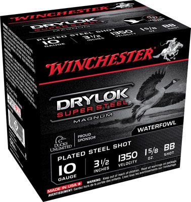 Winchester Super X Dryloc Plated XSC10BB, 10 Gauge, 3-1/2", 1-5/8 oz, 1350 fps, #BB Steel Shotshells Shot, 25 Rds/Bx