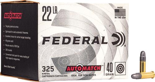 Federal AutoMatch Target Rimfire Ammunition AM22, 22 Long Rifle, Lead Round Nose (RN), 40 GR, 1200 fps, 325 Rounds