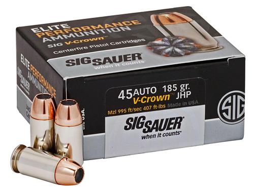 Sig Elite Performance Pistol Ammunition E45AP050, 45 Automatic Colt Pistol ACP, V Crown JHP, 185 gr, 995 fps, 50 Rd/Bx