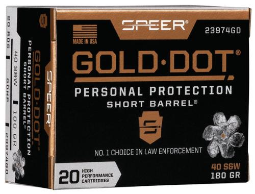 Speer Gold Dot Short Barrel Personal Protection Handgun Ammunition 23974GD, 40 S&W, Gold Dot HP, 180 GR, 950 fps, 20 Rd/bx