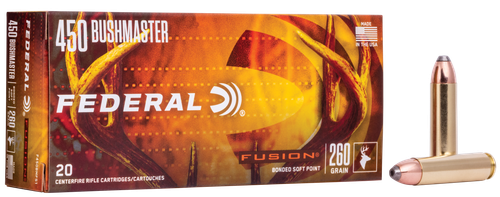 Federal Fusion Rifle Ammunition F450BMFS1, 450 Bushmaster, Fusion Soft Point, 260 gr, 1900 fps, 20 Rd/Bx