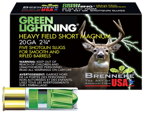 Brenneke Green Lightning Heavy Field Short Mag Shotshells SL202HFSGL, 20 Gauge, 2-3/4", 1 oz, 1392 fps, Slug, 5 Rds/box