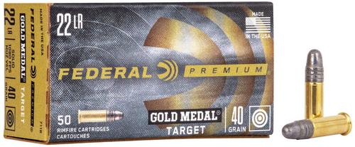 Federal Premium Gold Medal Target Rimfire Ammunition 711B, 22 Long Rifle, Lead Round Nose (RN), 40 GR, 1080 fps, 50 Rd/bx