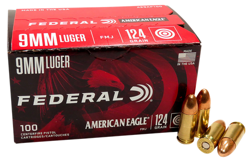 Federal American Eagle Pistol Ammunition AE9AP100, 9mm Luger, Full Metal Jacket, 124 gr, 1150 fps, 100 Rd/Bx