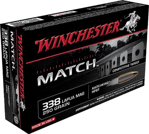 Winchester Match Rifle Ammunition S338LM, 338 Lapua Magnum, Boat Tail Hollow Point (HP), 250 GR, 20 Rd/bx