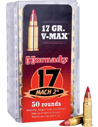 Hornady Varmint Express Rimfire Ammunition 83177, 17 MACH 2, V-Max, 17 GR, 2100 fps, 50 Rd/bx