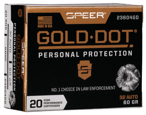 Speer Gold Dot Personal Protection Handgun Ammunition 23604GD, 32 ACP, Gold Dot HP, 60 GR, 960 fps, 20 Rd/bx