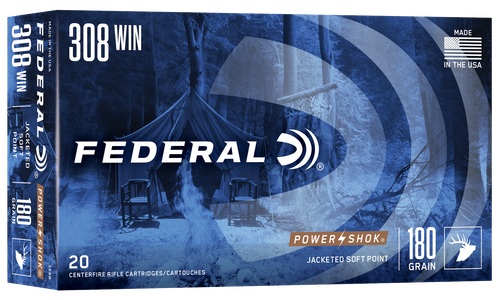 Federal Premium Power Shok Rifle Ammunition 308B, 308 Winchester, Soft Point (SP), 180 GR, 2620 fps, 20 Rd/bx