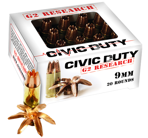 G2 Research Civic Duty Handgun Ammunition G2CD9MM, 9mm, CD Hollow Point, 100 GR, 1230 fps, 20 Rd/bx