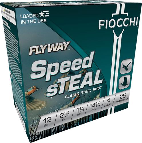 Fiocchi Flyway Speed Steel Shotshells 12FST4, 12 Gauge, 2-3/4", 1 1/8 oz, 1415 fps, #4 Steel Shot, 25 Rds/box