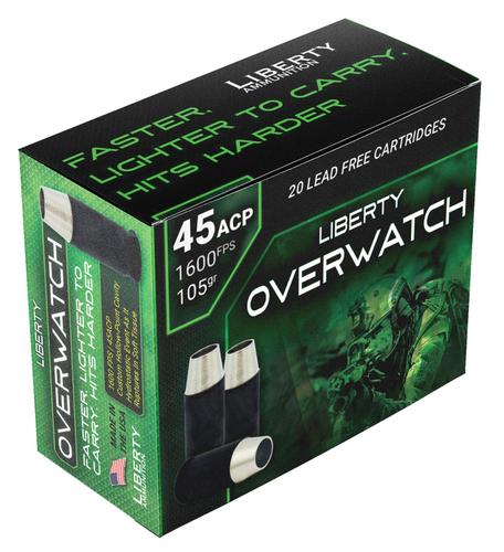 Liberty OverWatch Pistol Ammunition LAOW451051600, 45 Automatic Colt Pistol ACP, Open Cavity Design, 105 gr, 1600 fps, 20 Rd/Bx