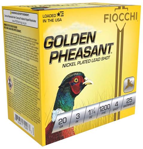Fiocchi Golden Pheasant 203GP4, 20 Gauge, 3", 1-1/4 oz, 1200 fps, #4 Nickel-Plated Lead Shot, 25 Rds/Bx