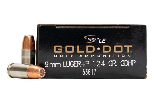 Speer Gold Dot Duty Handgun Ammunition 53617, 9MM+P, Gold Dot HP, 124 GR, 1220 fps, 50 Rd/bx