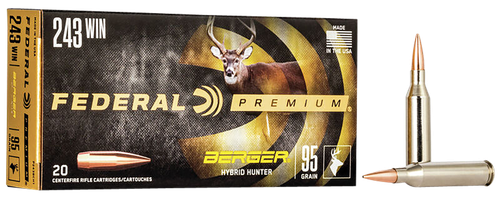 Federal Premium Berger Hybrid Rifle Ammunition P243BCH1, 243 Winchester, Berger Hybrid, 95 GR, 3050 fps, 20 Rds/Bx