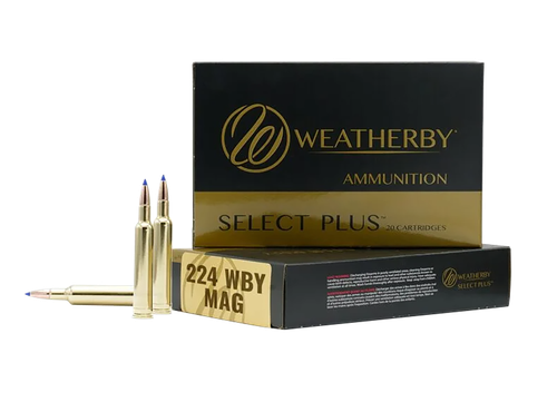 Weatherby Select Plus Rifle Ammunition H22450VMAX, 224 Wthby Mag, Hornady V-Max, 50 gr, 20 Rd/Bx