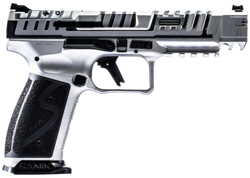 Canik SFX Rival-S Full Size Pistol HG7010CN, 9mm, 5", Textured Grips, Chrome Finish, Steel Frame, Optic Ready, Ported Steel Slide, 18 Rds