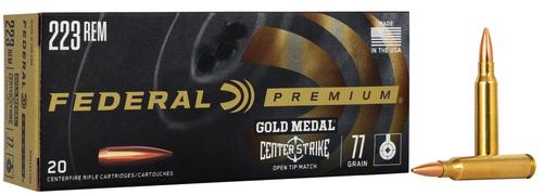 Federal Premium Gold Medal GM223OTM3, 223 Remington, Open Tip Match, 77 GR, 2720 FPS, 20 Rd/bx