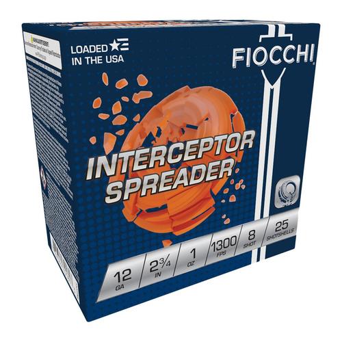 Fiocchi Interceptor Spreader 12CPTR8, 12 Gauge, 2-3/4", 1 oz, 1300 fps, #8 Lead Shot, 25 Rds/Bx