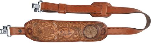 AA&E Leathercraft Leather Trophy Embossed Deer Head and Deer Hair Inlay Gunsling w/Metal Swivels, Brown (8501043S210)