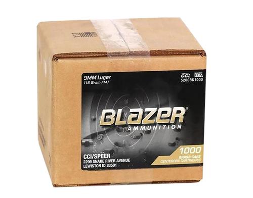 CCI Blazer Brass Pistol Ammunition 5200BK1000, 9mm Luger, Full Metal Jacket, 115 gr, 1145 fps, 1000 Rd/Bx