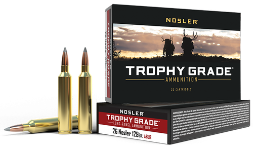 Nosler Trophy Grade Rifle Ammunition 60110, 26 Nosler, AccuBond Tip, 129 GR, 3400 fps, 20 Rd/bx