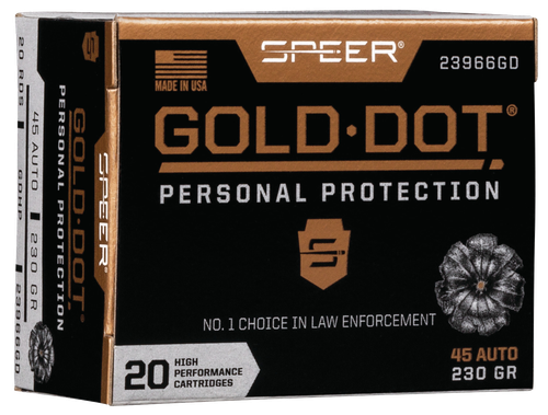 Speer Gold Dot Personal Protection Handgun Ammunition 23966GD, 45 ACP, Gold Dot HP, 230 GR, 890 fps, 20 Rd/bx