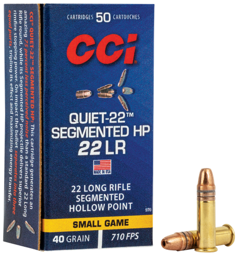 CCI Quiet SubSonic Rimfire Ammunition 970, 22 Long Rifle, Segmented Hollow Point (HP), 40 GR, 710 fps, 50 Rd/bx