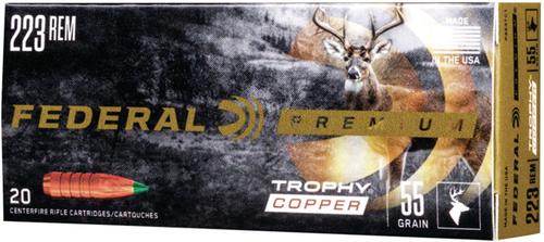 Federal Premium Trophy Copper Rifle Ammunition P223TC1, 223 Remington, Trophy Copper, 55 GR, 3240 fps, 20 Rd/Bx
