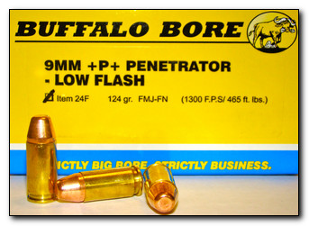 Buffalo Bore Handgun Ammunition 24F/20, 9mm +P, Full Metal Jacket (FMJ), 124 GR, 1300 fps, 20 Rd/Bx