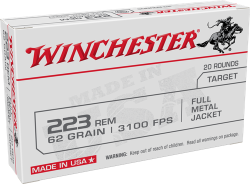 Winchester Rifle Ammunition W223FMJ62, 223 Remington, Full Metal Jacket (FMJ), 62 GR, 3100 fps, 20 Rd/bx