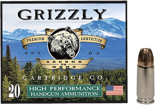 Grizzly Ammunition High Performance Pistol Ammunition GC9+P+CM10, 9mm, Jacketed Hollow Point (JHP), 124 GR, 1275 fps, 20 Rd/bx