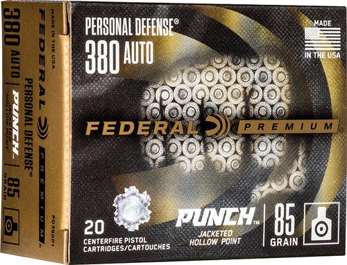 Federal Premium Punch Pistol Ammunition PD380P1, 380 ACP, Jacketed Hollow Point (JHP), 85 GR, 1000 fps, 20 Rd/bx