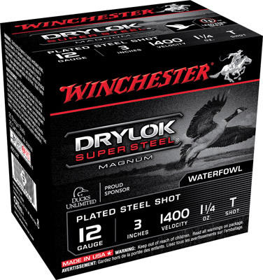 Winchester Super X Dryloc Plated XSC123T, 12 Gauge, 3", 1-1/4 oz, 1375 fps, #T Steel Shotshells Shot, 25 Rds/Bx