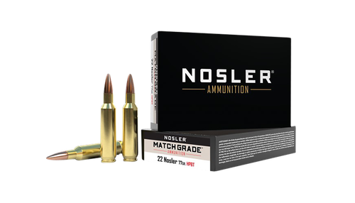 Nosler Match Grade Rifle Ammunition 60016, 22 Nosler, Custom Competition, 77 GR, 2950 fps, 20 Rd/Bx