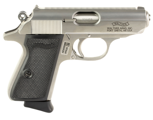 Walther PPK/S Pistol 4796022, 32 ACP, 3.3", Black Checkered Polymer Grips, Stainless Finish, 7 Rds