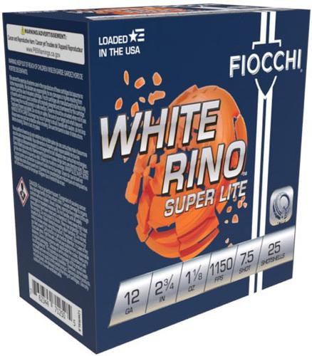 Fiocchi White Rino Super Lite Shotshells 12WRSL75, 12 Gauge, 2-3/4", 1-1/8 oz, 1150 fps, #7.5 Lead Shot, 25 Rd/bx