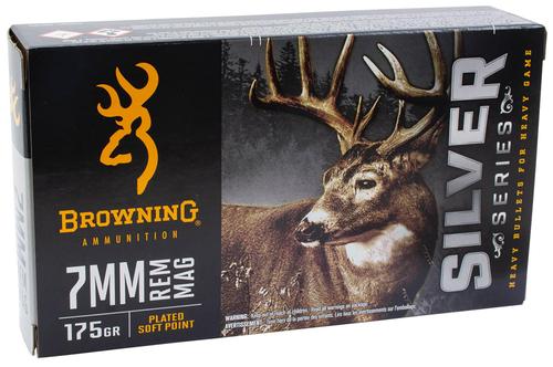 Browning Silver Rifle Ammunition B192600071, 7mm Rem Mag, Plated Soft Point, 175 gr, 2860 fps, 20 Rd/Bx