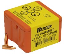Berger Varmint Bullets 22 Caliber, .224 Diameter, 52 Grain, Match Grade, Flat Base, 100 Per Box (22309), Not Loaded