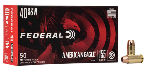 Federal American Eagle Pistol Ammunition AE40R2, 40 S&W, Full Metal Jacket (FMJ), 155 GR, 1140 fps, 50 Rd/bx