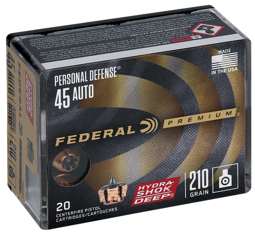 Federal Premium Personal Defense Pistol Ammunition P45HSD1, 45 ACP, Hydra-Shok Deep, 210 GR, 20 Rd/bx