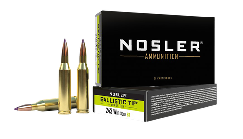 Nosler Ballistic Tip Rifle Ammunition 40050, 243 Winchester, Ballistic Tip, 90 GR, 3000 fps, 20 Rd/Bx