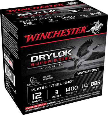 Winchester Super X Dryloc Plated XSC123BBB, 12 Gauge, 3", 1-1/4 oz, 1375 fps, #BBB Steel Shotshells Shot, 25 Rds/Bx