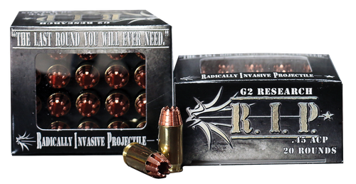 G2 Research R.I.P. Pistol Ammunition RIP45ACP, 45 ACP, RIP Hollow Point, 162 gr, 960 fps, 20 Rd/Bx
