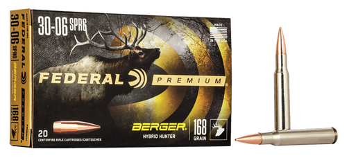 Federal Premium Berger Hybrid Rifle Ammunition P3006BCH1, 30-06 Springfield, Berger Hybrid, 168 GR, 2800 fps, 20 Rds/Bx