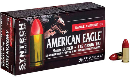 Federal American Eagle Syntech Pistol Ammunition AE9SJ1, 9mm Luger, Total Syntech Jacket, 115 GR, 1130 fps, 50 Rd/Bx