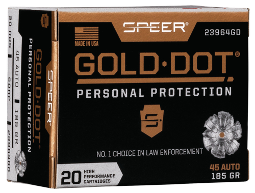 Speer Gold Dot Personal Protection Handgun Ammunition 23964GD, 45 ACP, Gold Dot HP, 185 GR, 1050 fps, 20 Rd/bx