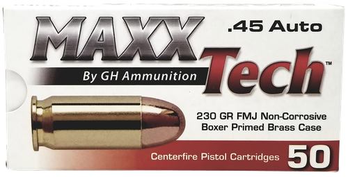 Maxxtech Brass Pistol Ammunition PTGB45B, 45 Automatic Colt Pistol ACP, Full Metal Jacket, 230 gr, 853 fps, 50 Rd/Bx