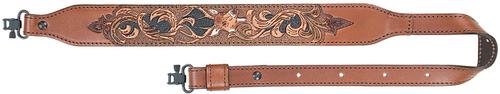 AA&E Leathercraft Long Taper Leather Gunsling w/Metal Swivels, Brown Embossed Deer Head and Scroll (8502053S210)